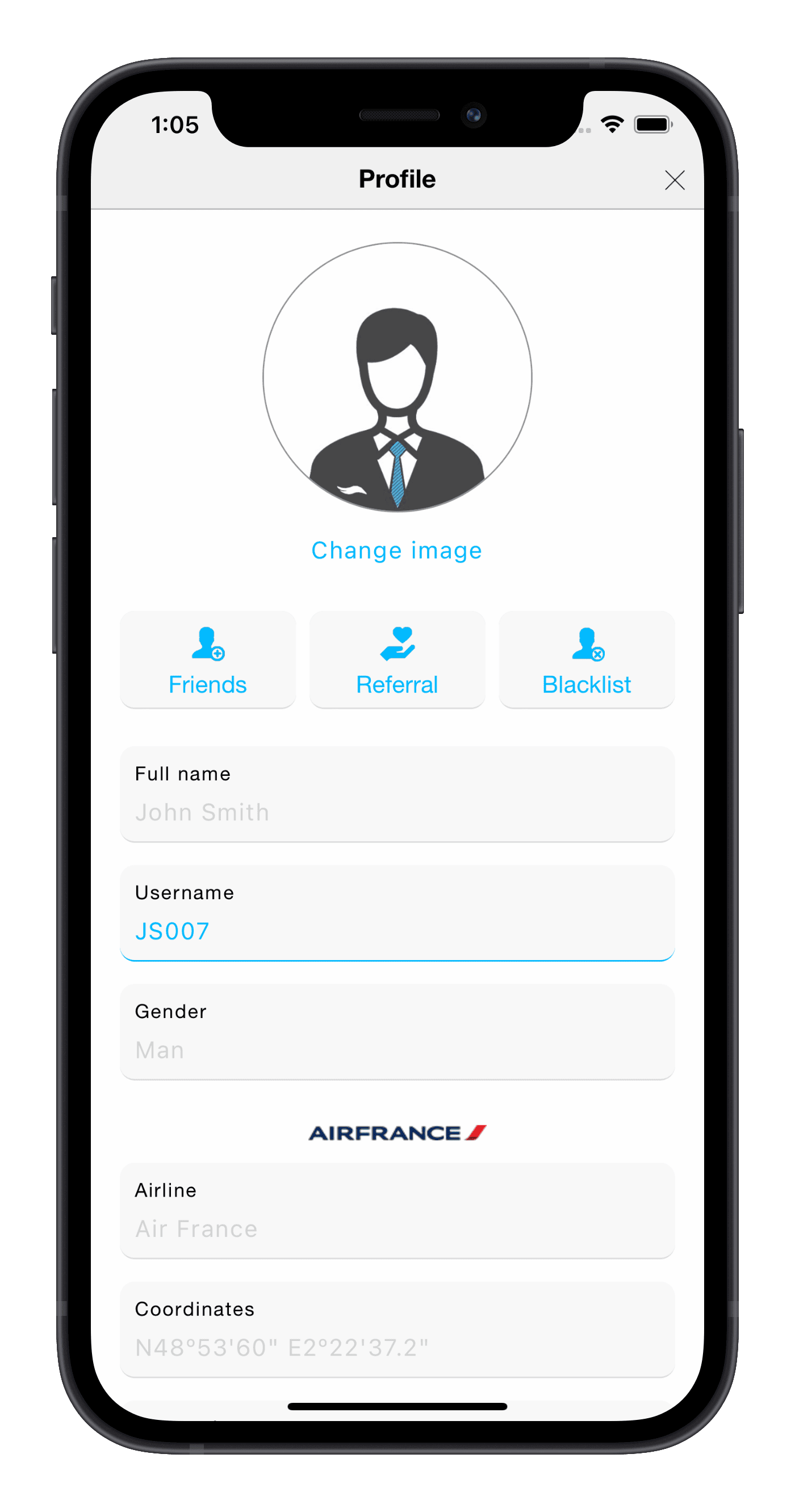 An iPhone X on LayOver S.N. user profile view